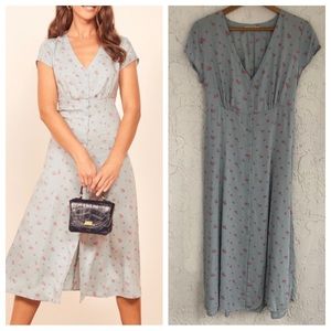 Reformation Light Blue Midi Dress with Pink Floral Print